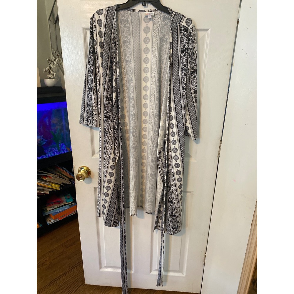 LuLaRoe Joy Longline Duster Vest Large Black White Medallion Geometric Print